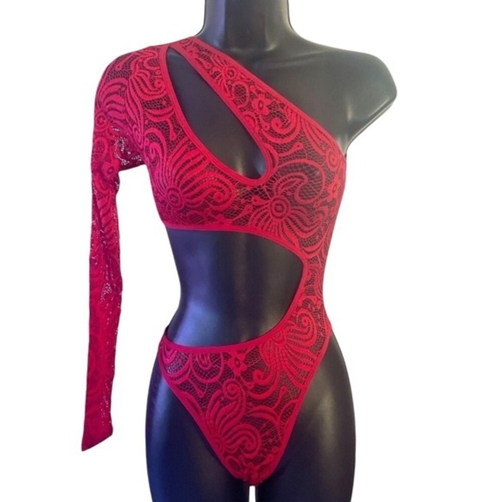 Frederick's of Hollywood Kerry Red Lace Asymmetrical Bodysuit XL NWT